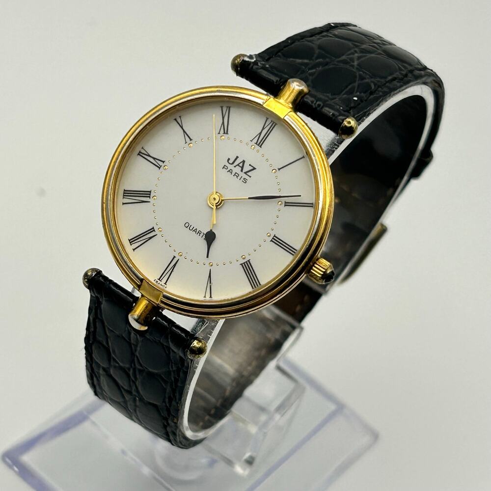 Vintage Jaz Paris Gold Tone Black Leather French Designer Ladies Watch